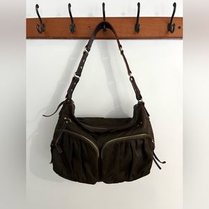 MZ Wallace brown nylon shoulder bag with zip pockets gold hardware leather strap
